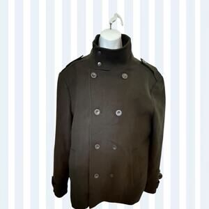 Kenneth Cole NY Men’s Blk Wool Blend Peacoat Jacket L DBL Breasted Military